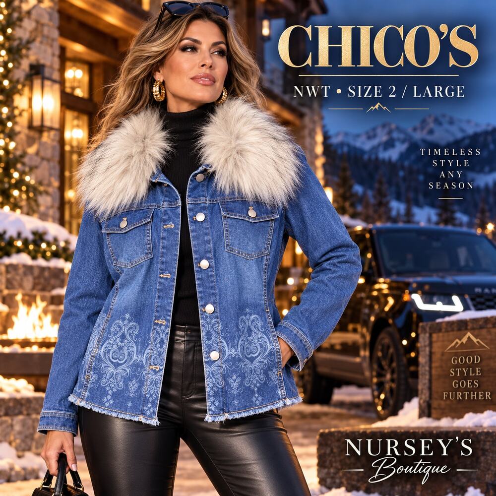 Chico’s NWT Size 2 L Ageless Scrolls Faux Fur Denim Jacket